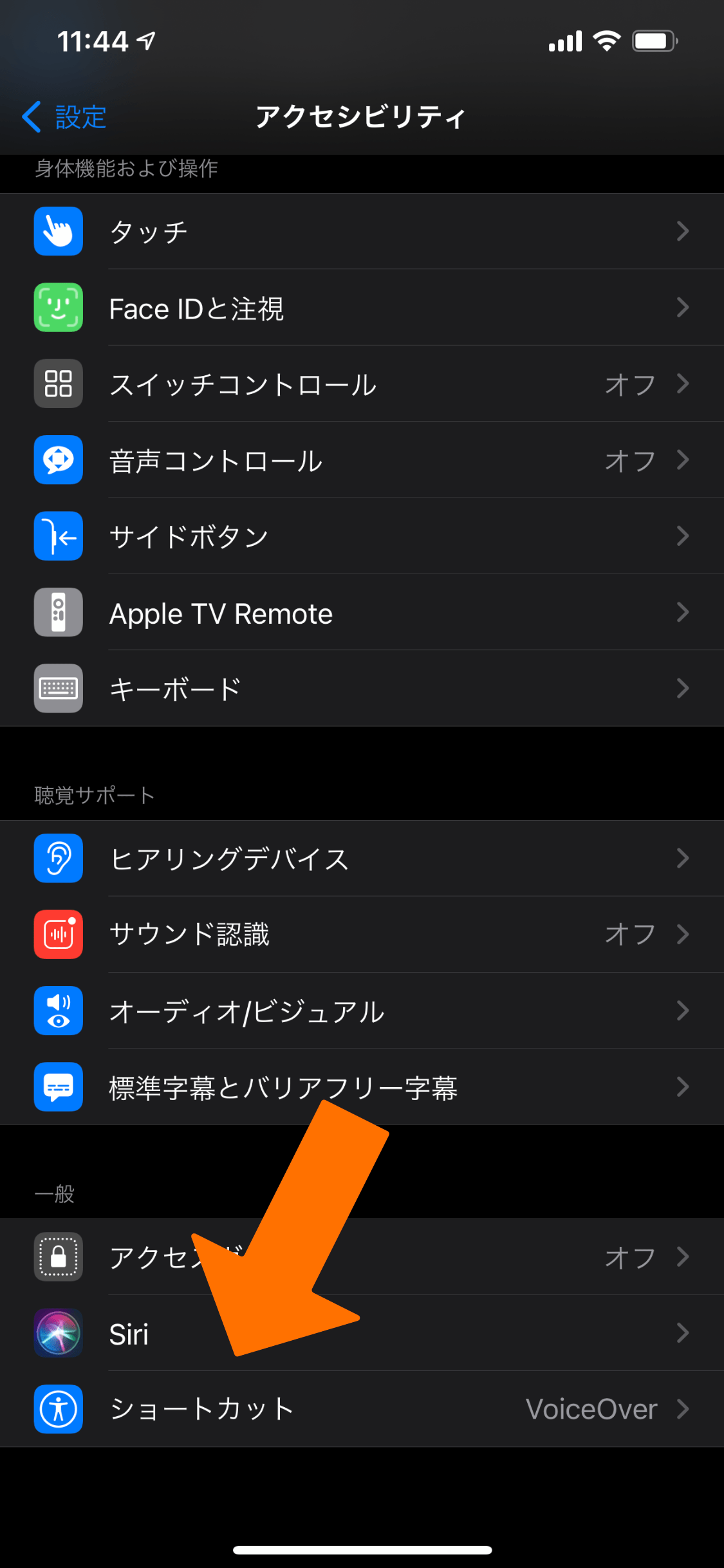 iOSの「アクセシビリティ」設定画面の最下部