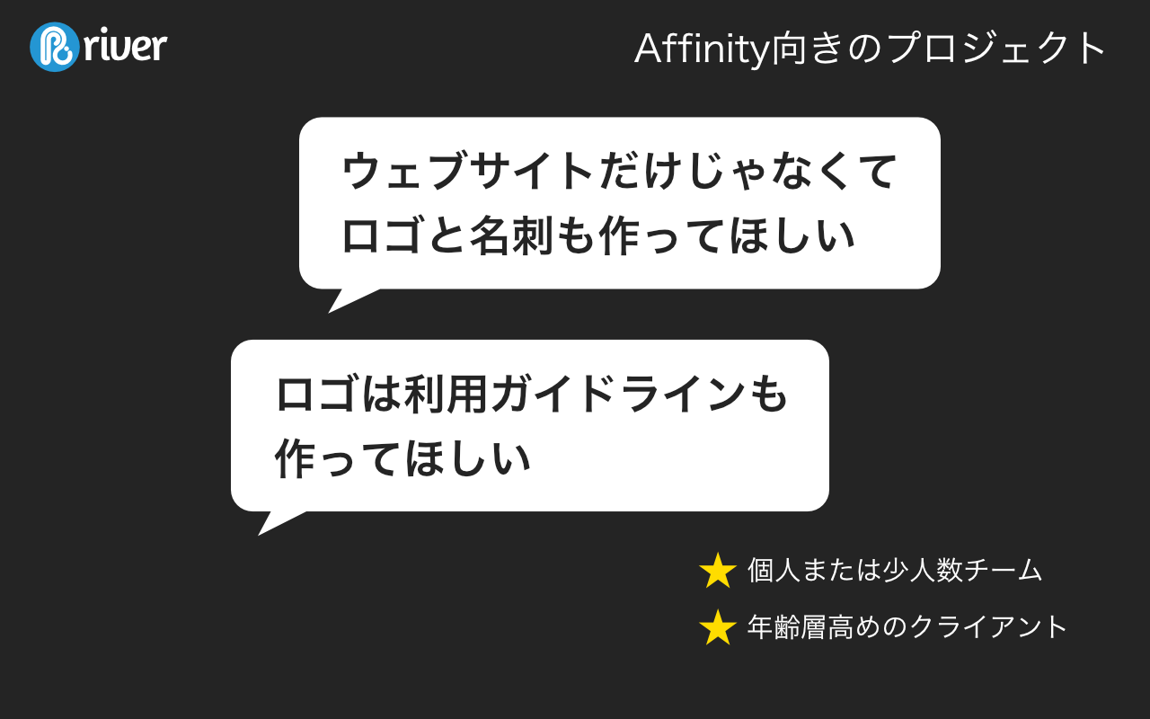 Affinity向きのプロジェクト 「ウェブサイトだけじゃなくてロゴと名刺も作ってほしい」「ロゴは利用ガイドラインも作ってほしい」 ★個人または少人数チーム ★年齢層高めのクライアント