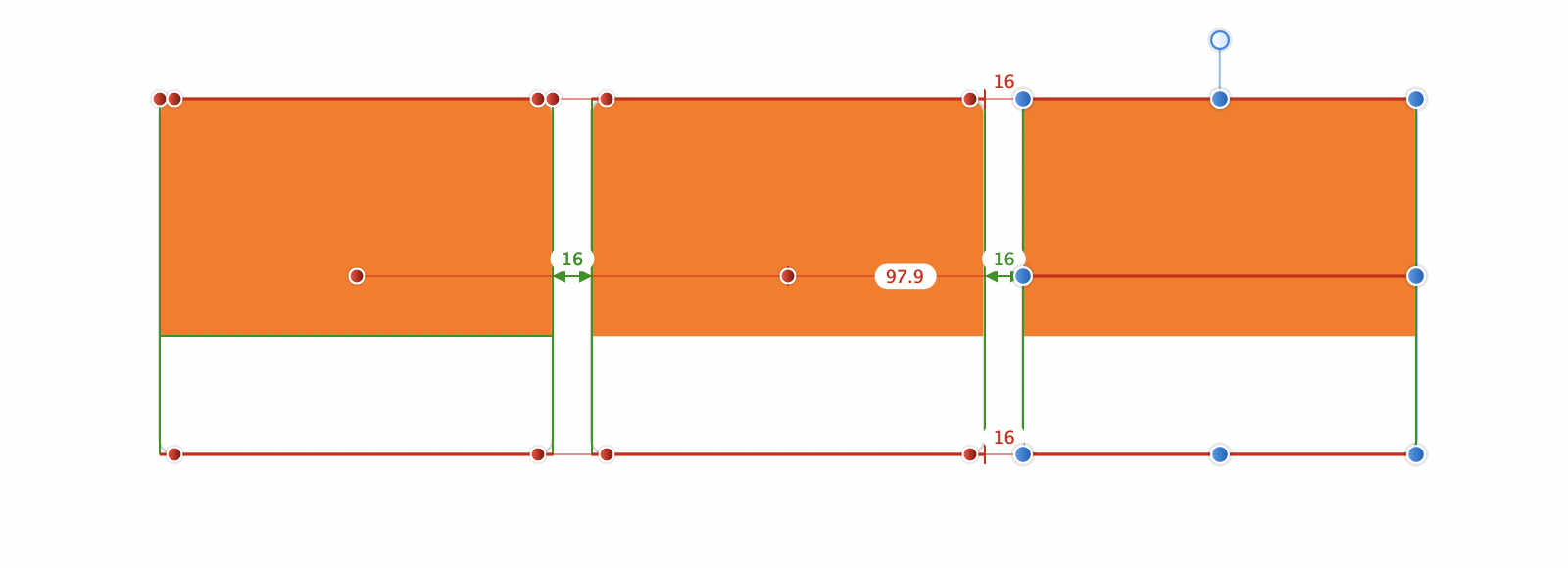 Affinity Designerで3つの長方形のオブジェクトに関する動的ガイドが表示さている状態