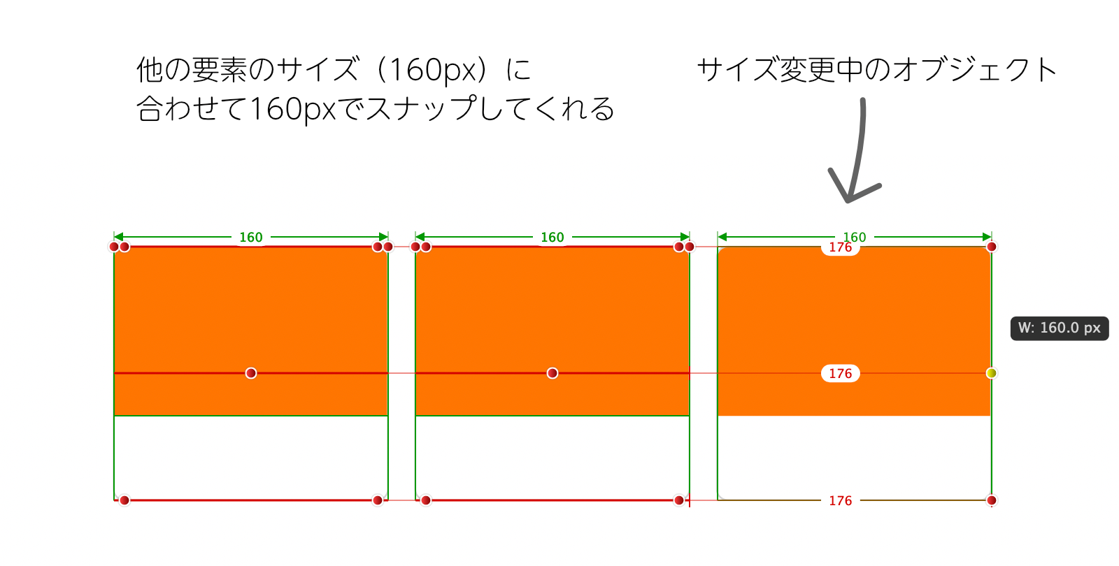 Affinity Designerの動的ガイドでオブジェクトのサイズが表示されている画面。オブジェクトのサイズを変更すると他のオブジェクトのサイズに合わせてスナップしてくれることを表しています