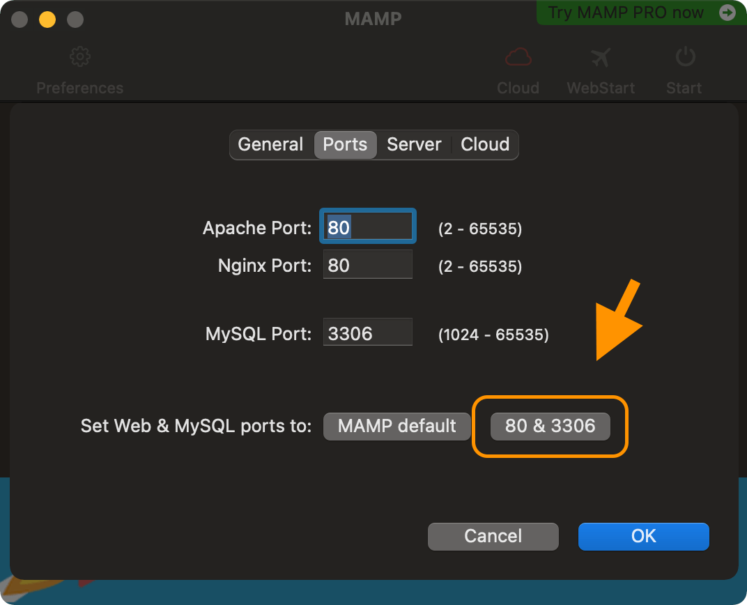 MAMP 6.3のPreferences画面のPortsタブのキャプチャ。Apache Portは80、MySQL Portは3306に変更されている